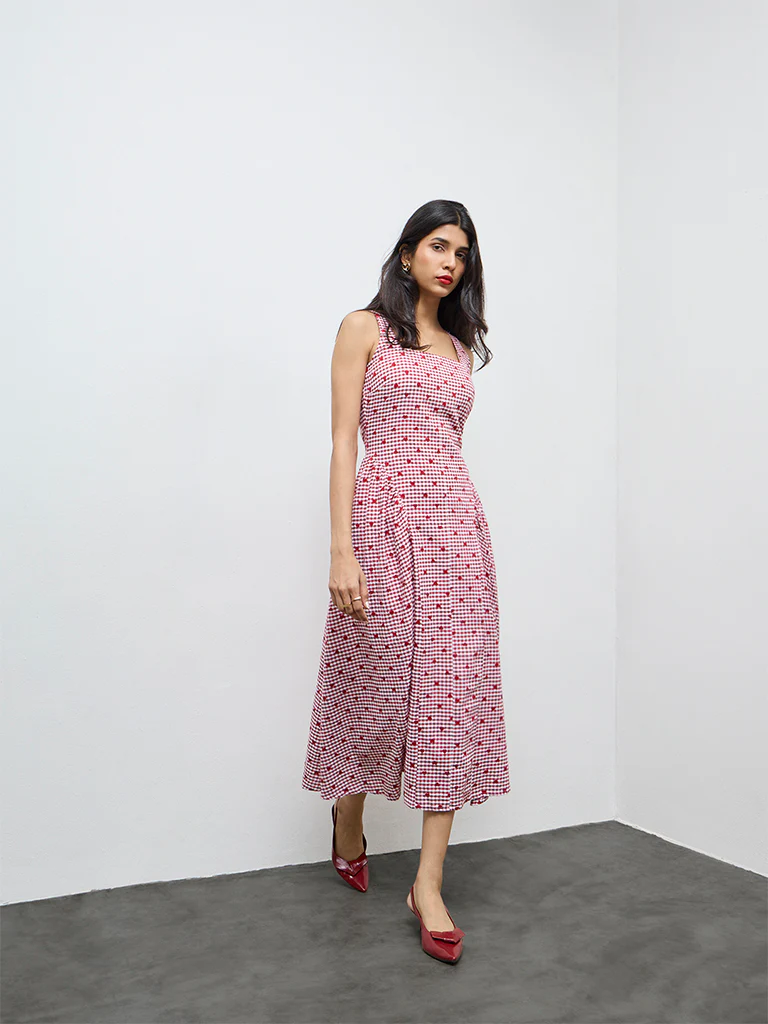 LOV Red Gingham Checkered Cotton A-Line Dress - Image 2