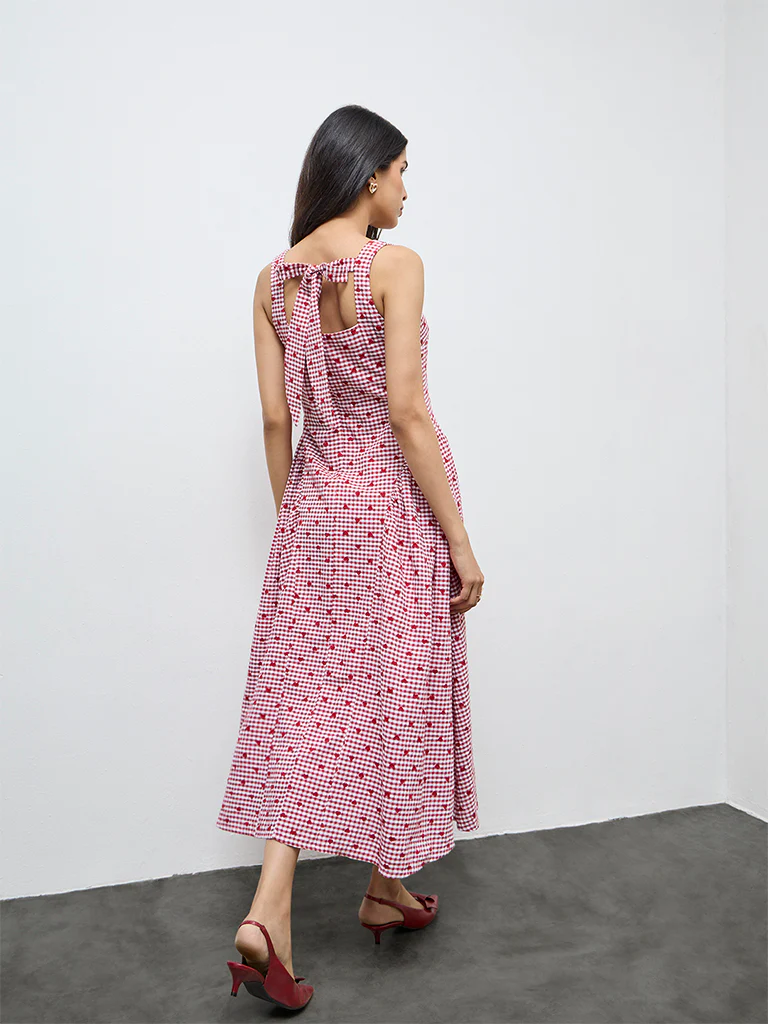 LOV Red Gingham Checkered Cotton A-Line Dress - Image 4