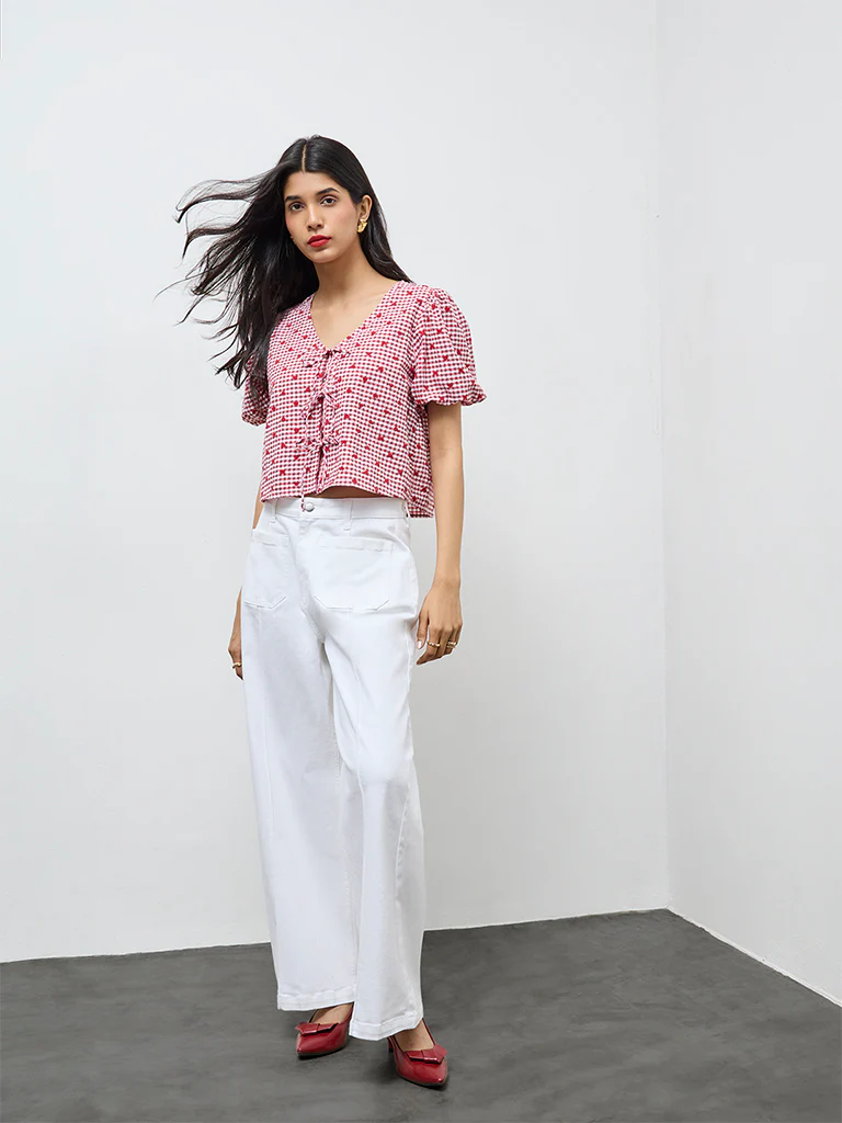 LOV Red Gingham Checkered Cotton Blouse - Image 2