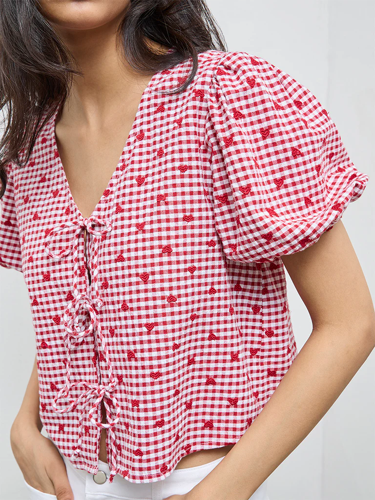 LOV Red Gingham Checkered Cotton Blouse - Image 3