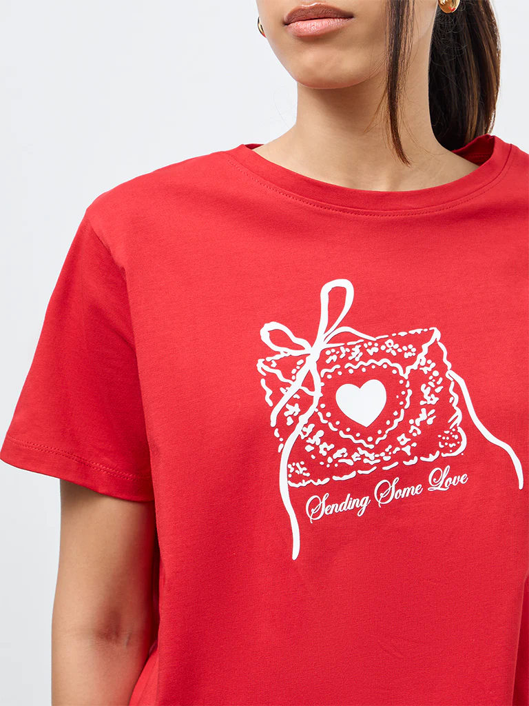 LOV Red Graphic Cotton T-Shirt - Image 3