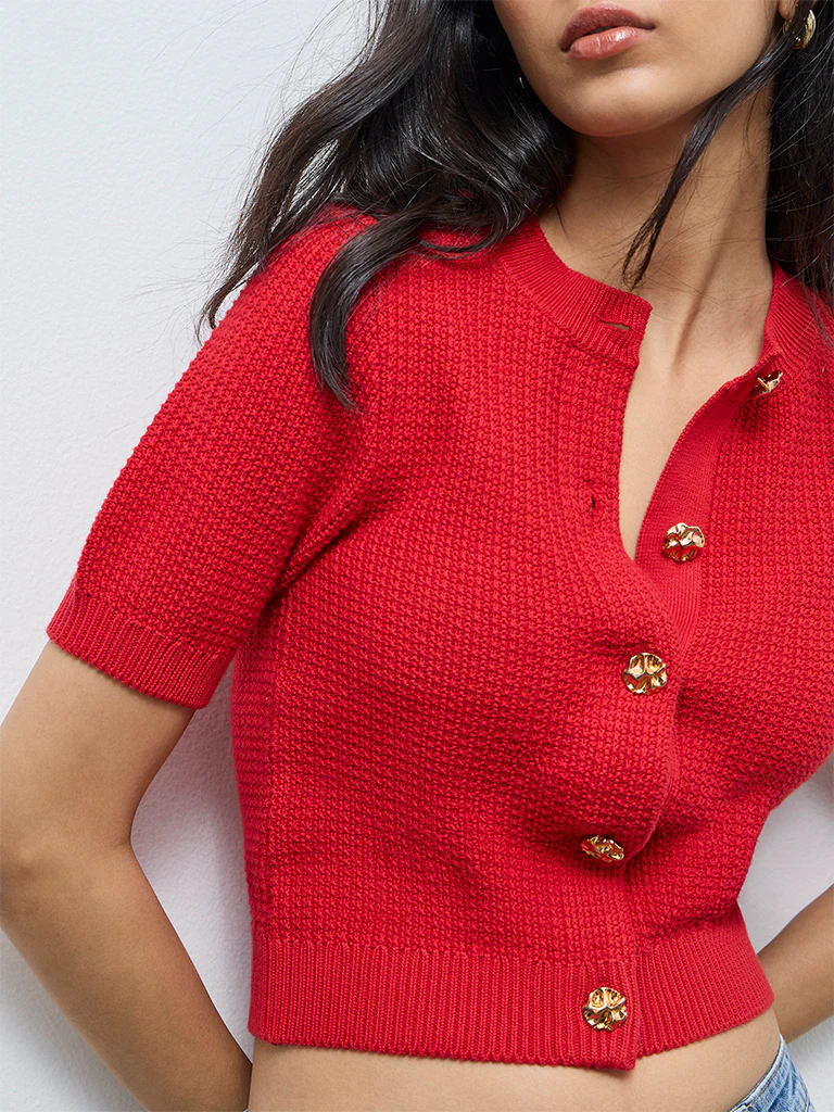 LOV Red Knit-Textured Cardigan - Image 3