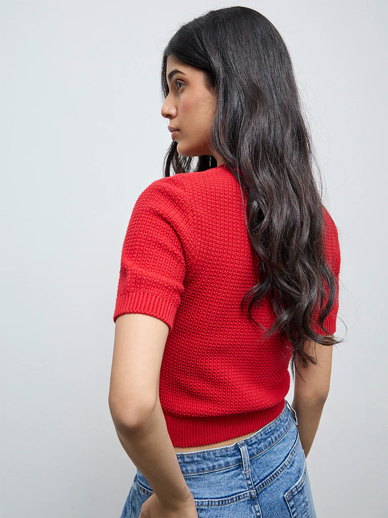 LOV Red Knit-Textured Cardigan - Image 4