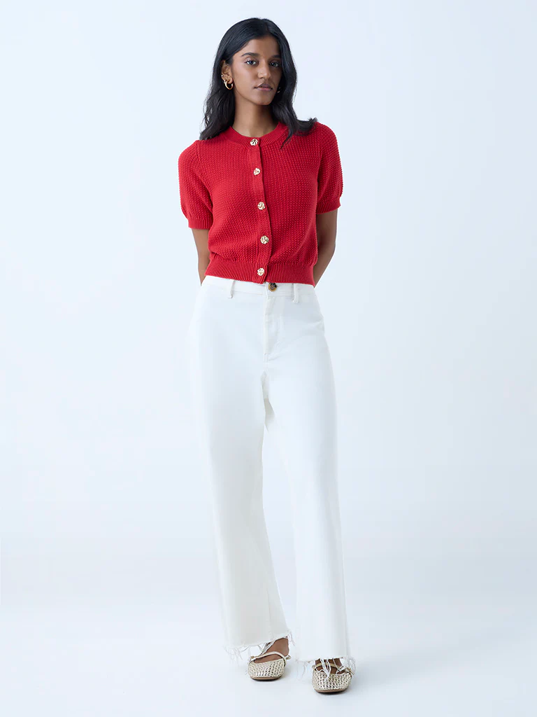 LOV Red Knit-Textured Cotton Cardigan - Image 2