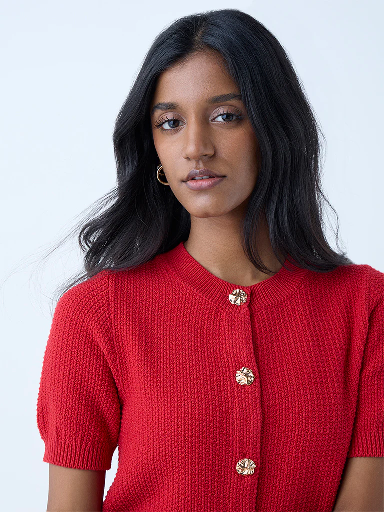 LOV Red Knit-Textured Cotton Cardigan - Image 3