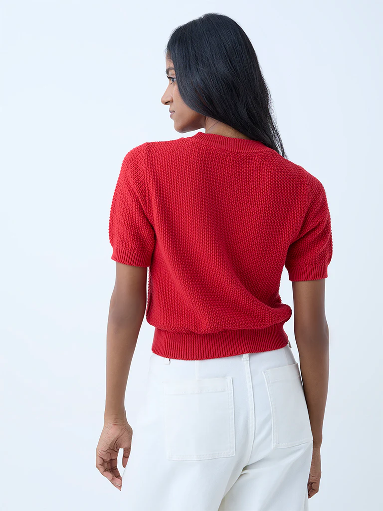 LOV Red Knit-Textured Cotton Cardigan - Image 4