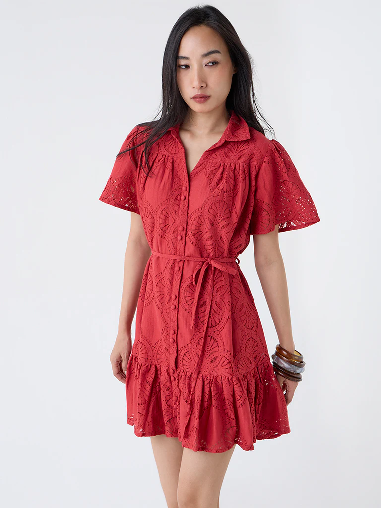 LOV Red Lace Design Cotton-Blend Shirt Dress with Belt - Image 2