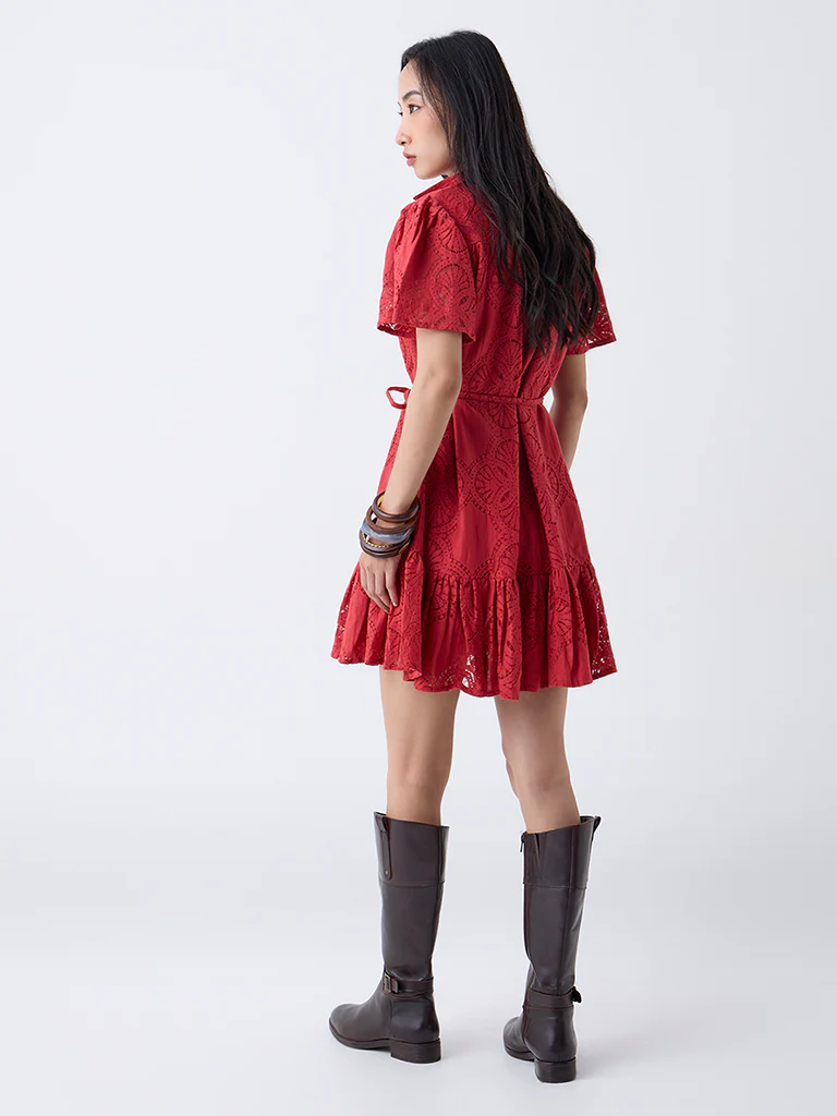 LOV Red Lace Design Cotton-Blend Shirt Dress with Belt - Image 4