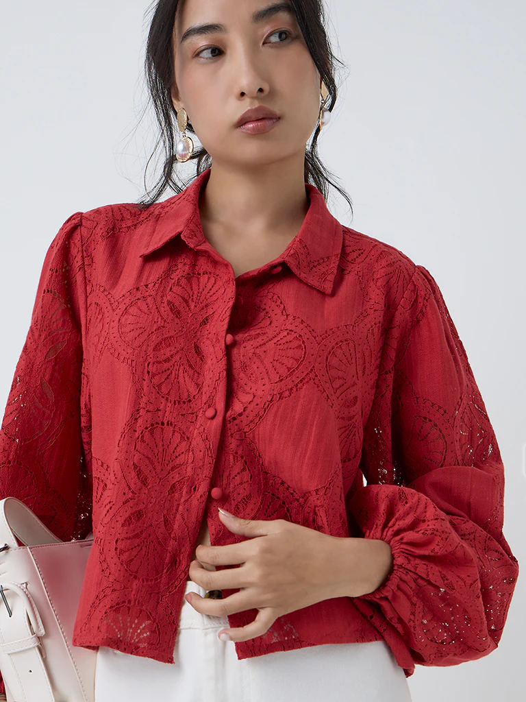 LOV Red Lace-Detailed Cotton-Blend Blouse - Image 3