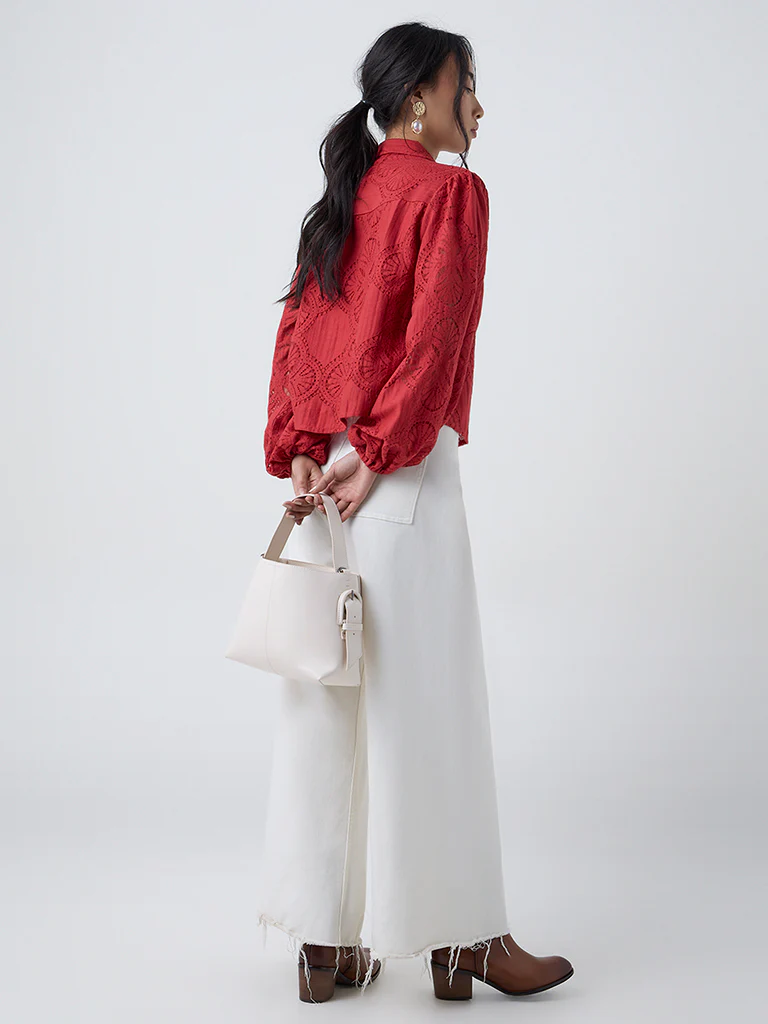 LOV Red Lace-Detailed Cotton-Blend Blouse - Image 4