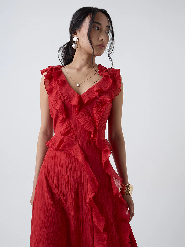 LOV Red Ruffle Detailed A-Line Cotton Dress - Image 3