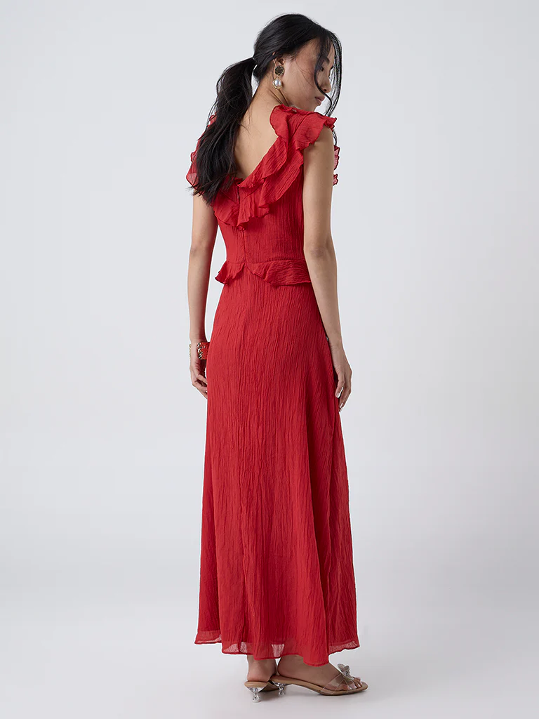 LOV Red Ruffle Detailed A-Line Cotton Dress - Image 4