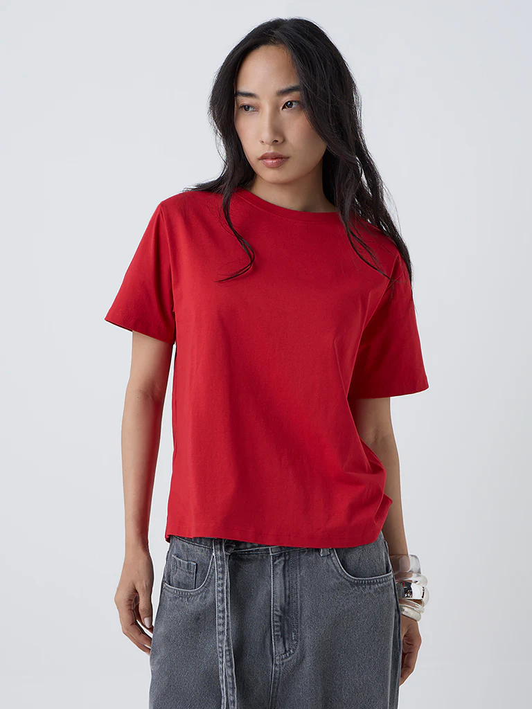 LOV Red Solid Cotton T-Shirt