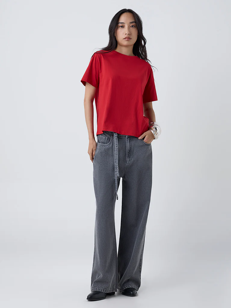 LOV Red Solid Cotton T-Shirt - Image 2