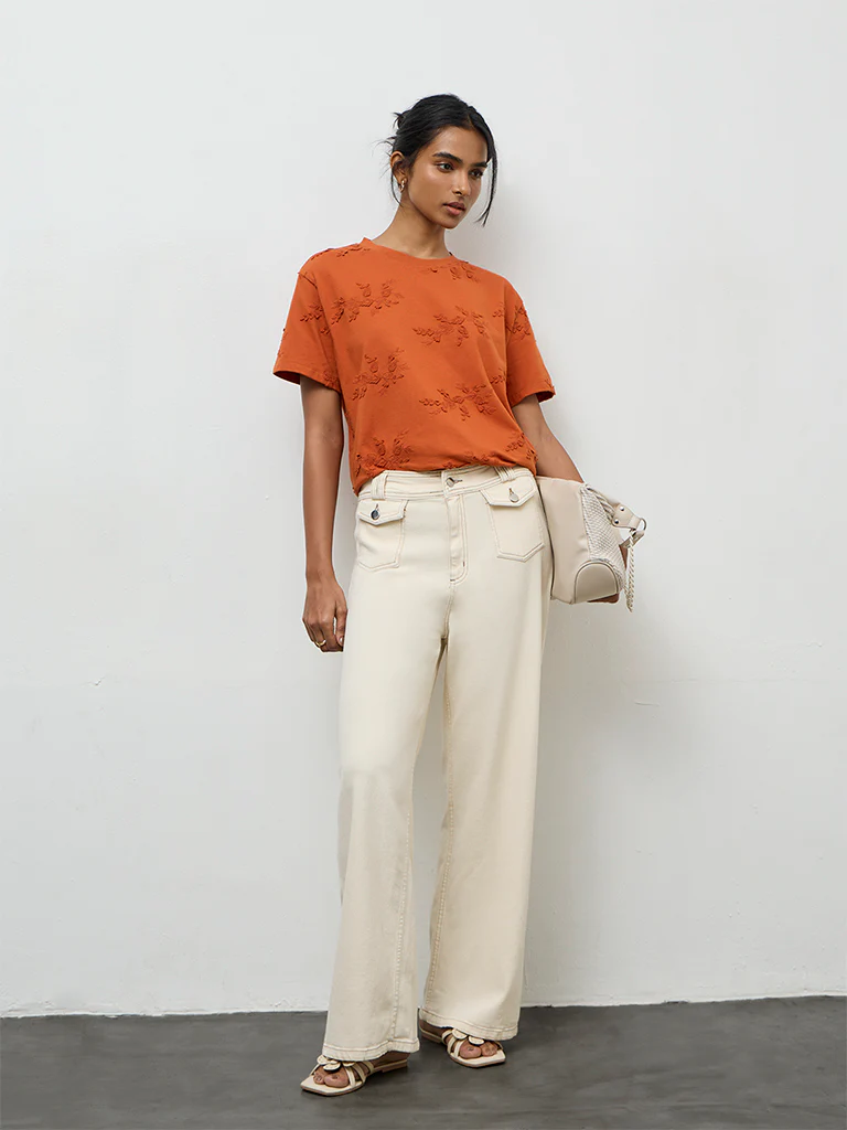 LOV Rust Botanical Embroidered Cotton T-Shirt - Image 2