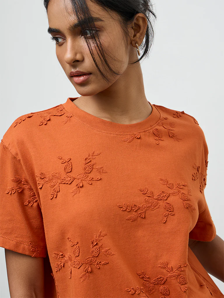 LOV Rust Botanical Embroidered Cotton T-Shirt - Image 3