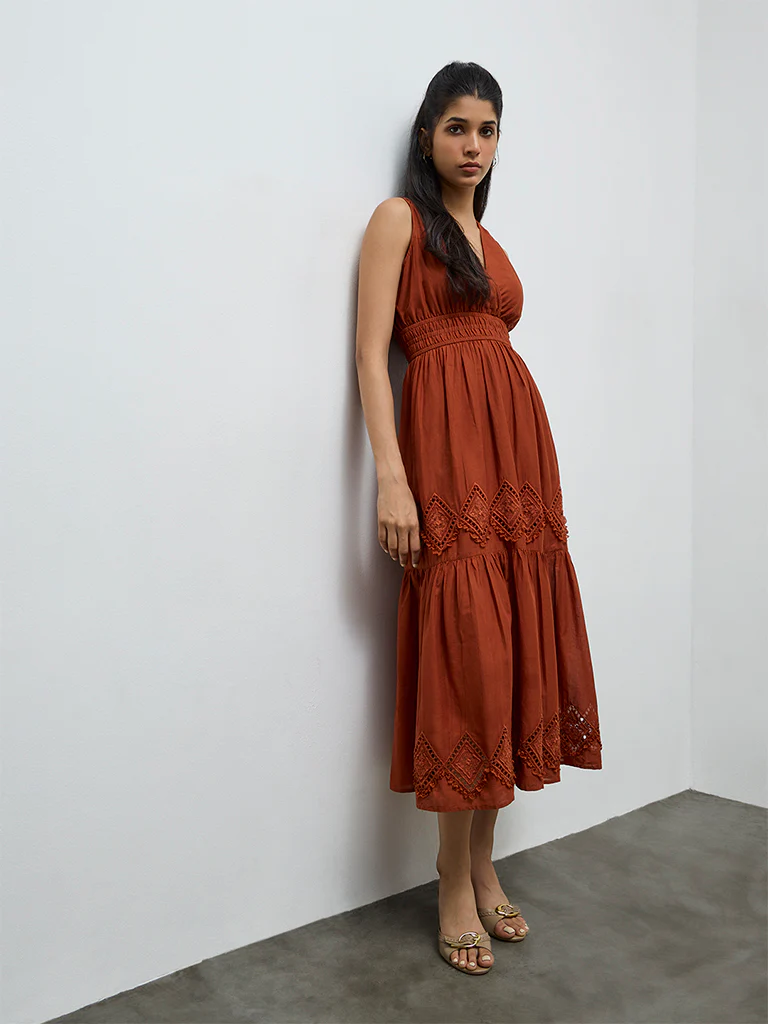 LOV Rust Embroidered Cotton A-Line Dress - Image 2