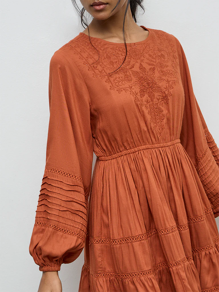 LOV Rust Floral Embroidered Tiered Dress - Image 3