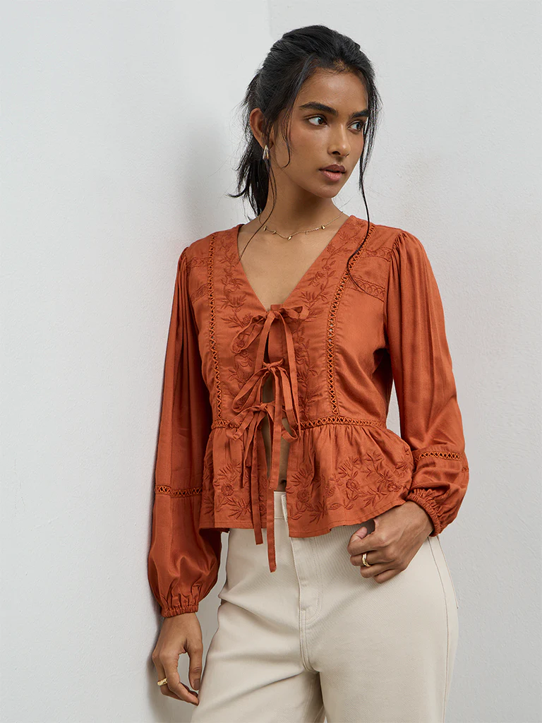 LOV Rust Floral Embroidered Top - Image 2