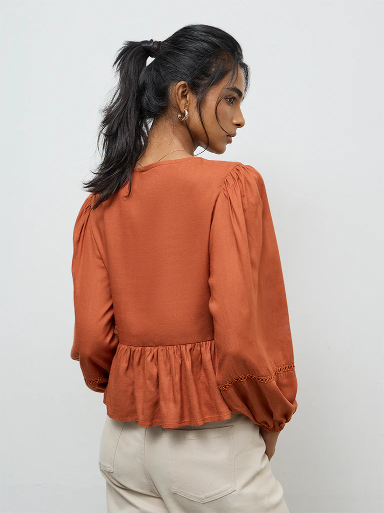 LOV Rust Floral Embroidered Top - Image 4