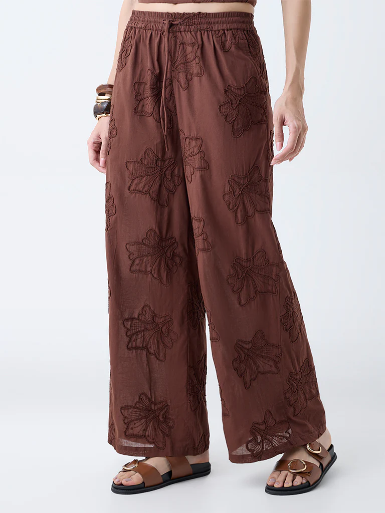 LOV Rust Floral Lace Detailed High-Rise Trousers - Image 2