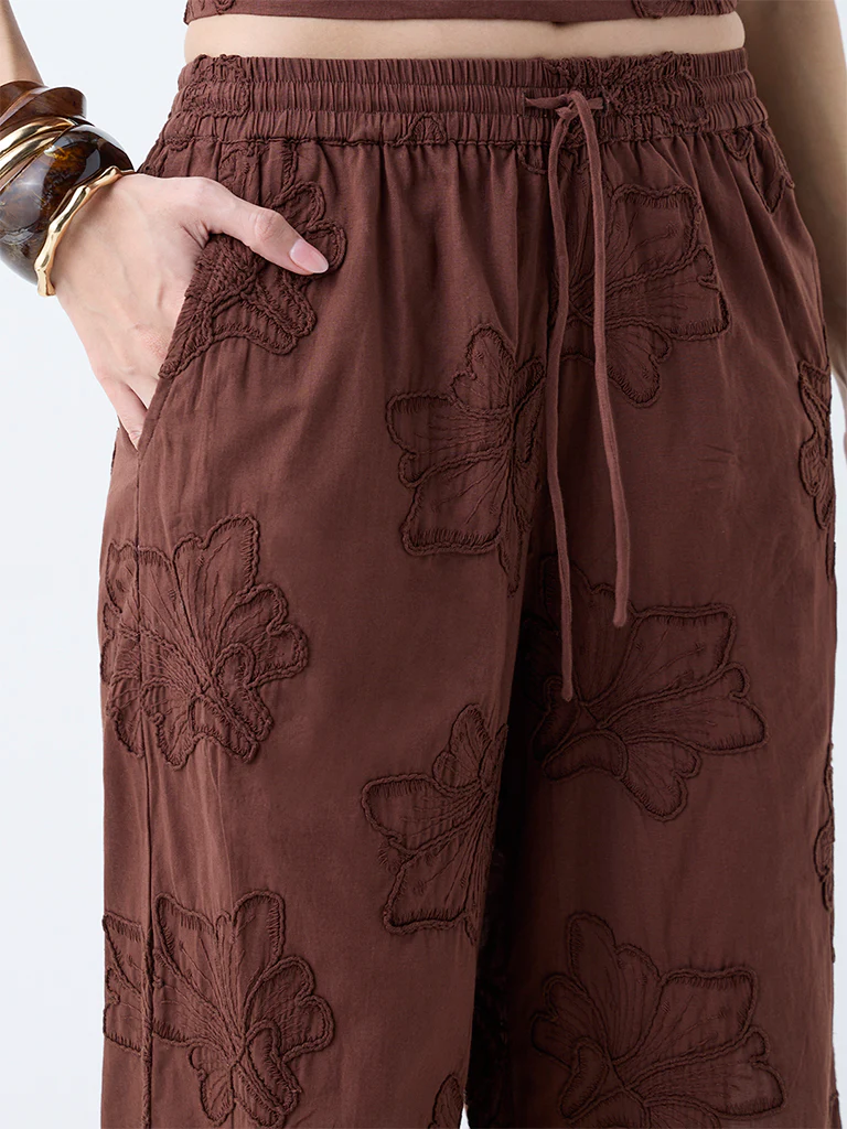 LOV Rust Floral Lace Detailed High-Rise Trousers - Image 3