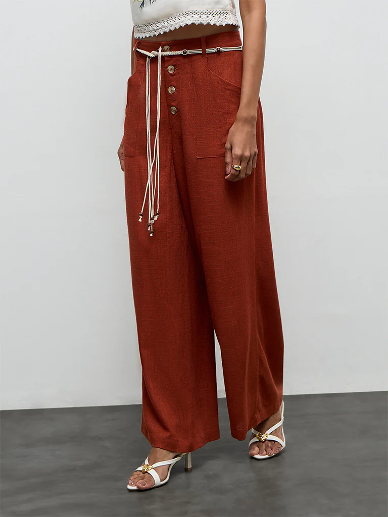 LOV Rust High-Rise Linen Trousers with Belt - Image 2