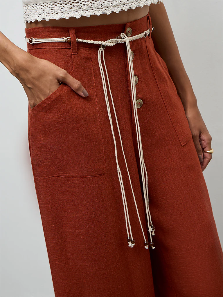 LOV Rust High-Rise Linen Trousers with Belt - Image 3