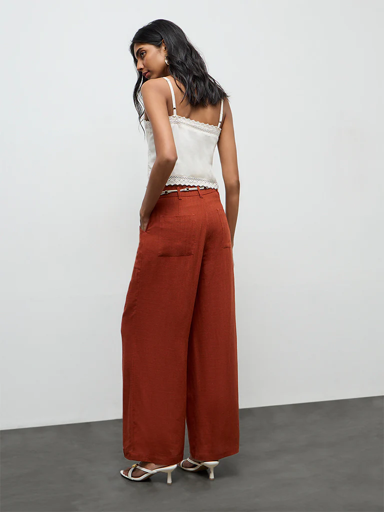 LOV Rust High-Rise Linen Trousers with Belt - Image 4