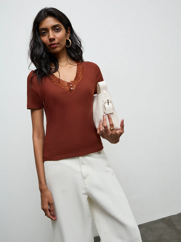 LOV Rust Lace-Detailed Cotton-Blend Top - Image 2