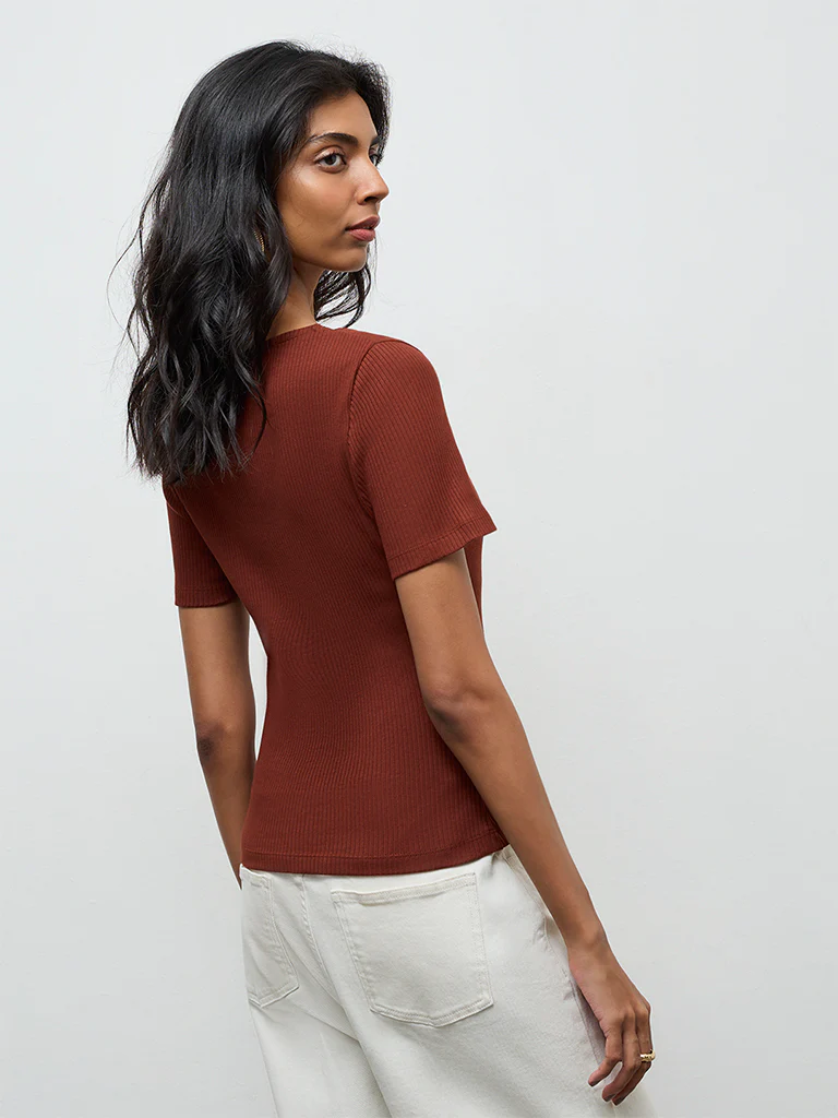 LOV Rust Lace-Detailed Cotton-Blend Top - Image 4