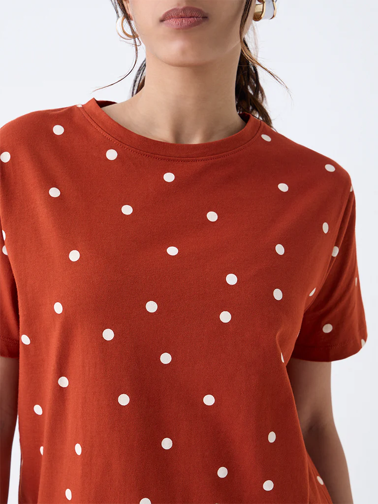 LOV Rust Polka Dotted Cotton T-Shirt - Image 3