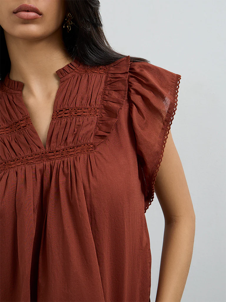 LOV Rust Ruffle-Detailed Cotton Top - Image 3
