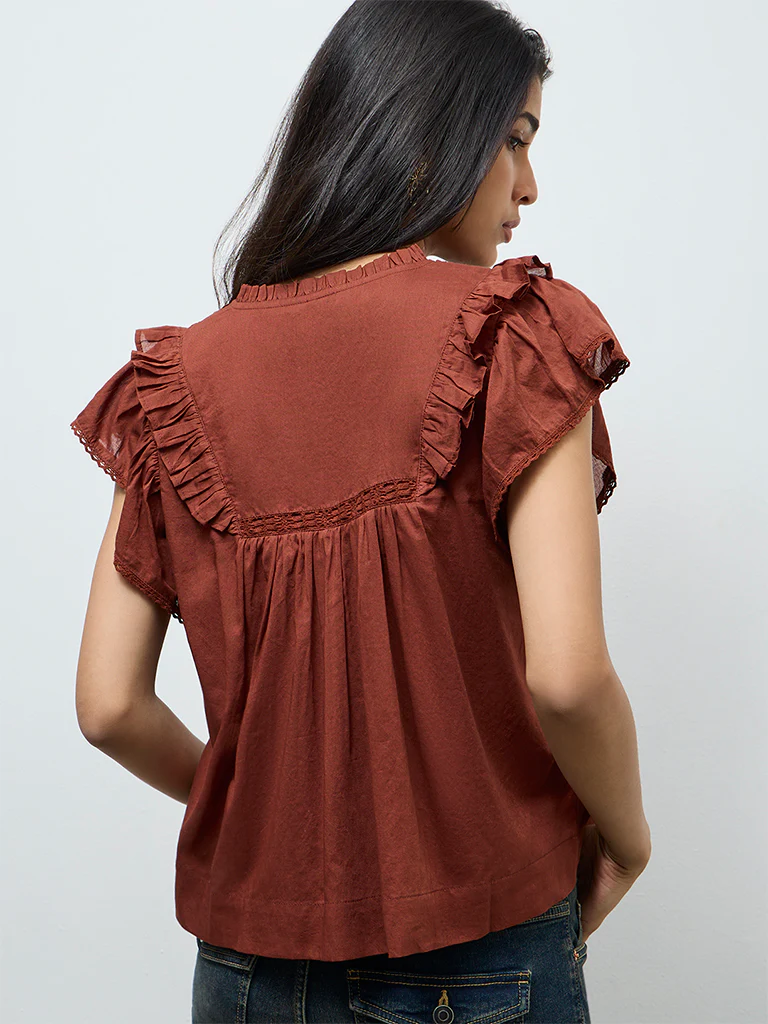 LOV Rust Ruffle-Detailed Cotton Top - Image 4