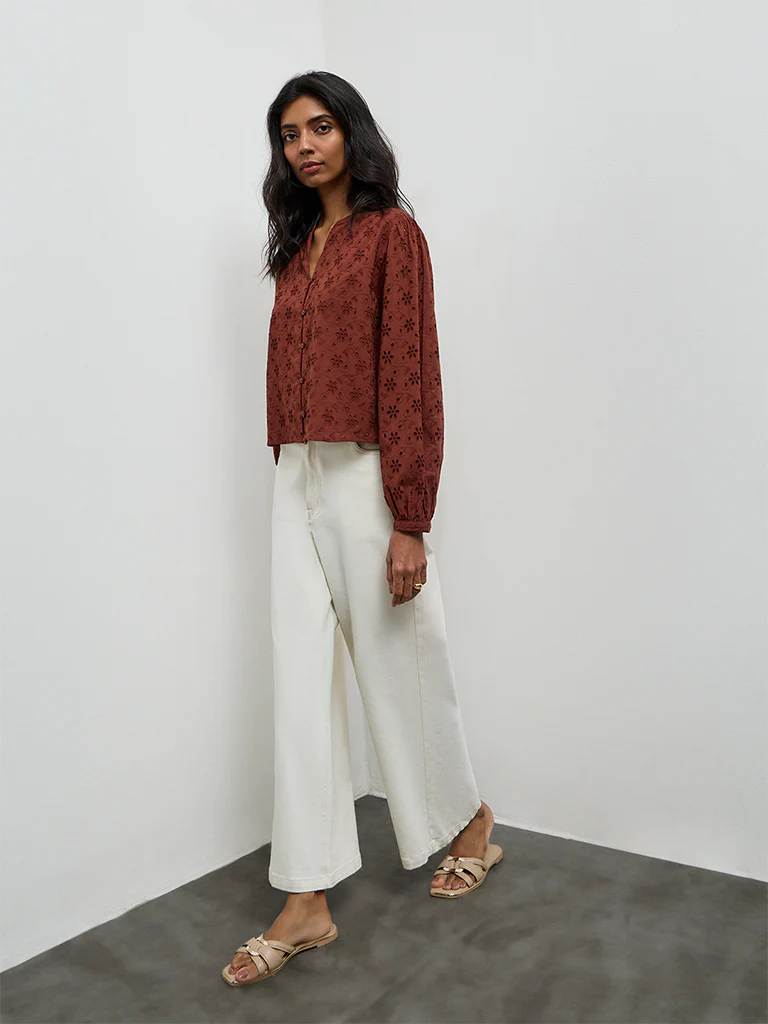 LOV Rust Schiffli-Detailed Cotton Blouse - Image 2