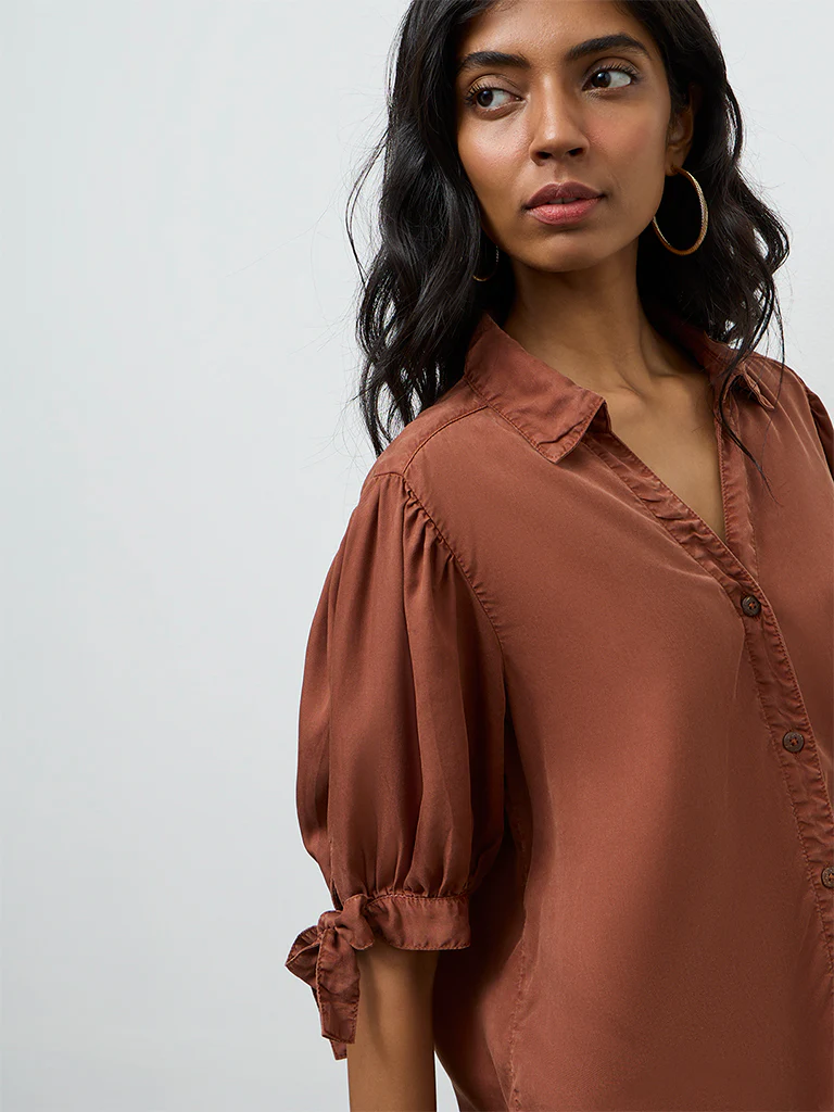 LOV Rust Solid Knot-Detailed Denim Shirt - Image 3
