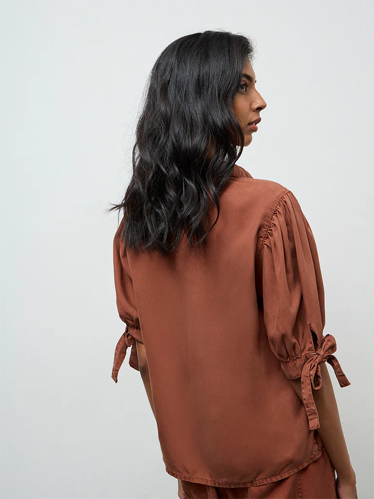 LOV Rust Solid Knot-Detailed Denim Shirt - Image 4