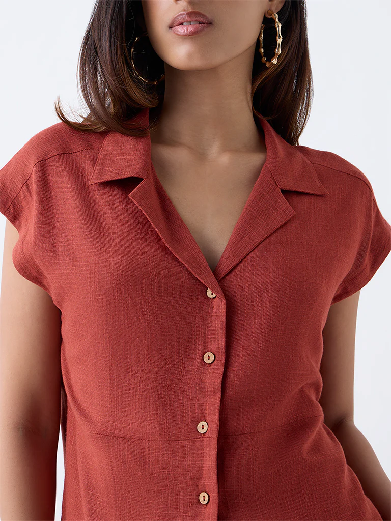 LOV Rust Solid Linen-Blend Shirt - Image 3