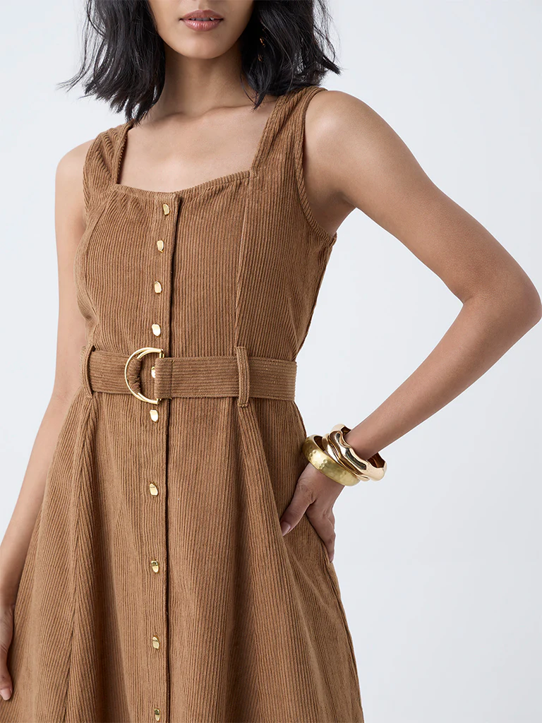 LOV Tan Corduroy Cotton A-Line Dress - Image 3