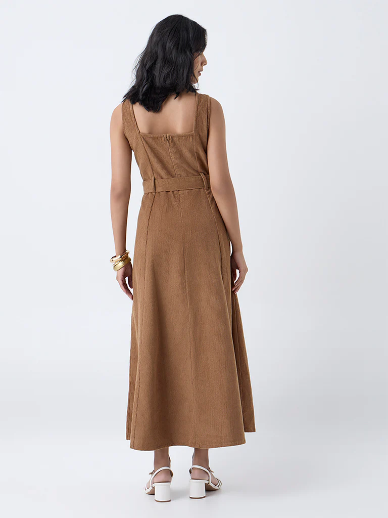 LOV Tan Corduroy Cotton A-Line Dress - Image 4