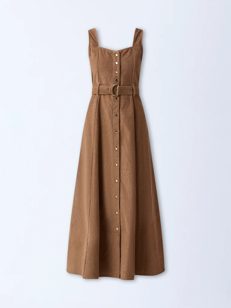 LOV Tan Corduroy Cotton A-Line Dress - Image 5