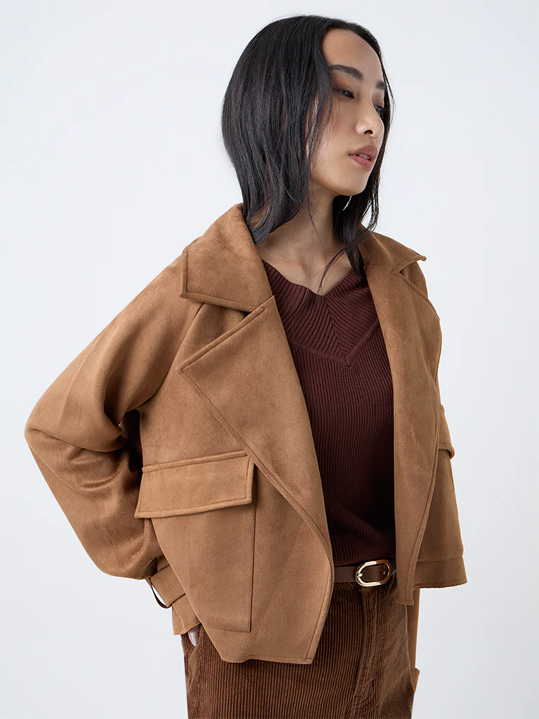 LOV Tan Solid Suede Jacket - Image 2