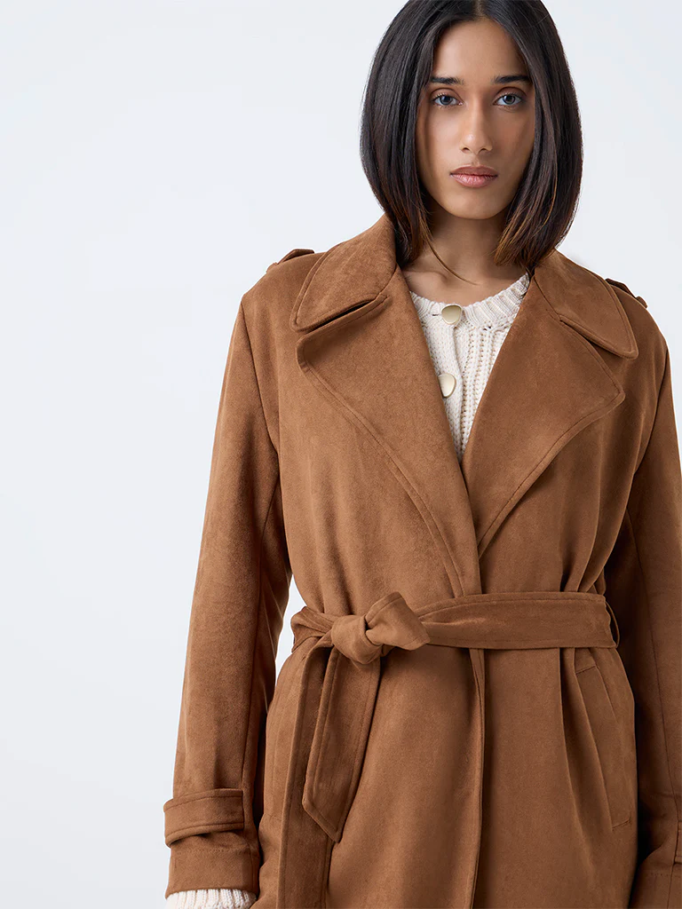 LOV Tan Suede Long Coat with Belt - Image 3