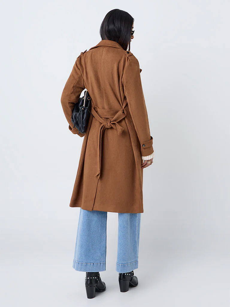 LOV Tan Suede Long Coat with Belt - Image 4