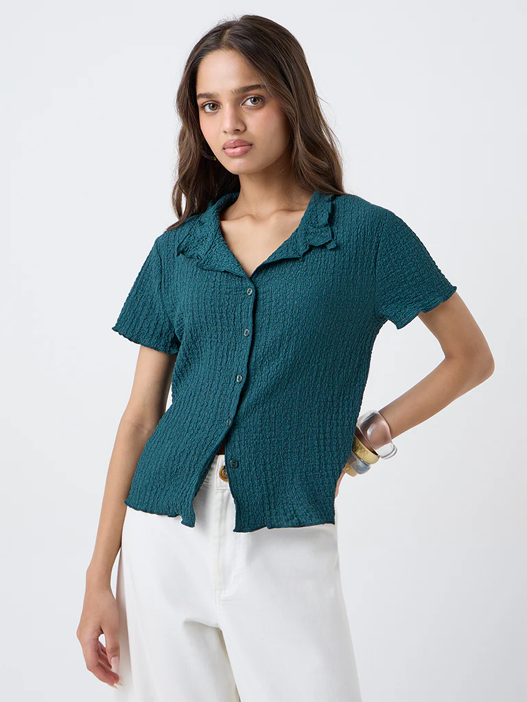 LOV Teal Crinkle-Textured Shirt - Image 2