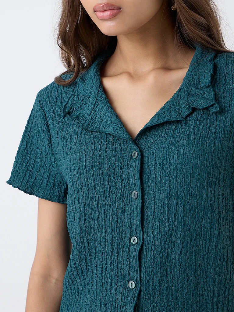 LOV Teal Crinkle-Textured Shirt - Image 3