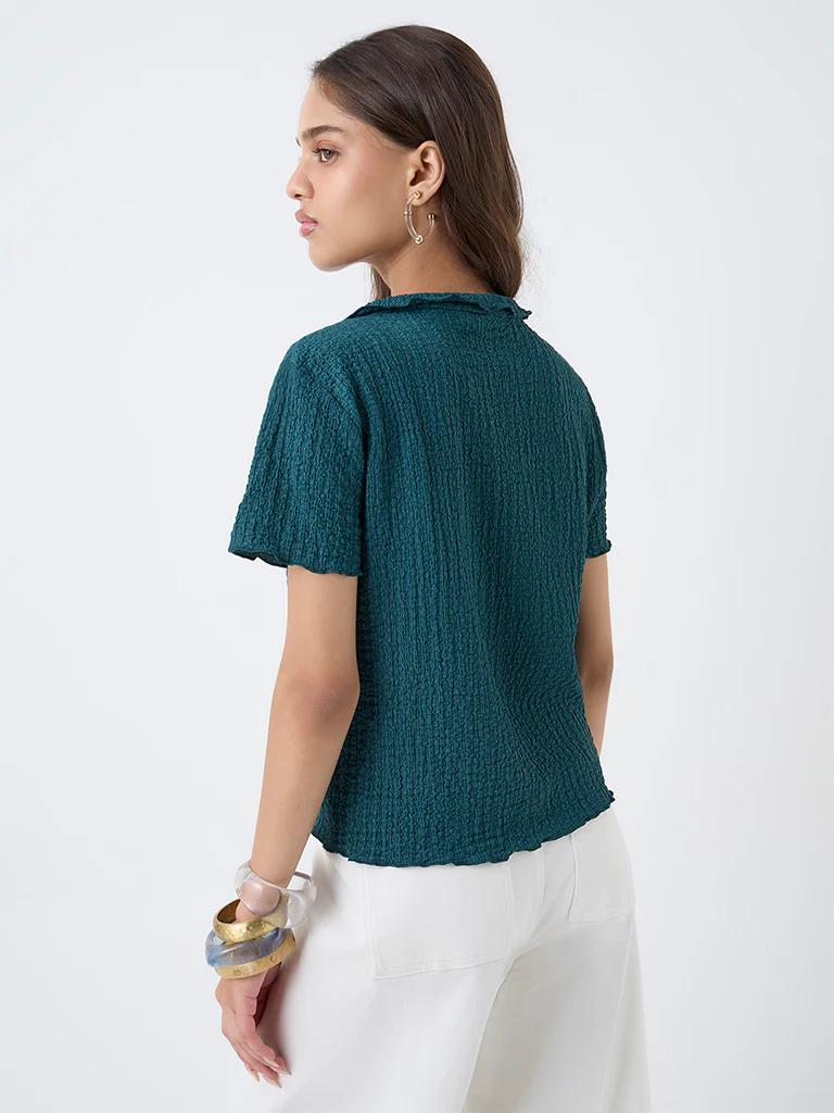 LOV Teal Crinkle-Textured Shirt - Image 4