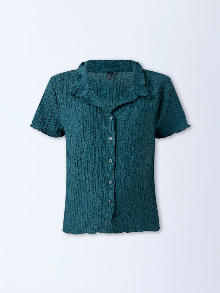LOV Teal Crinkle-Textured Shirt - Image 5