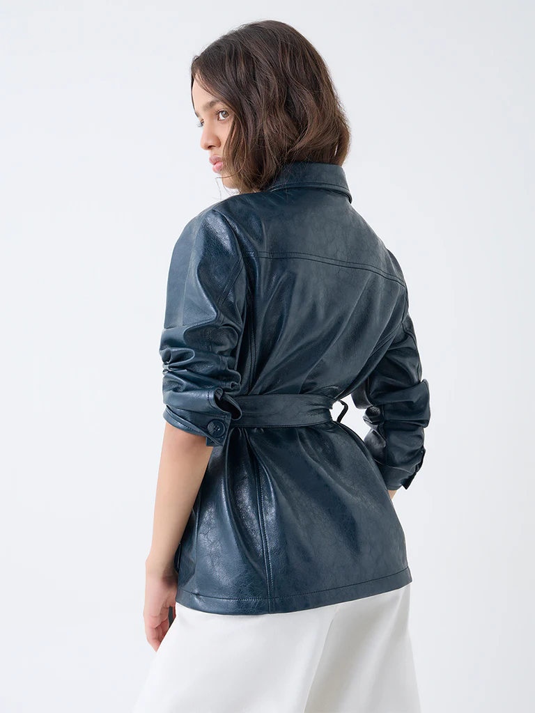LOV Teal Faux Leather Jacket with Belt - Image 4