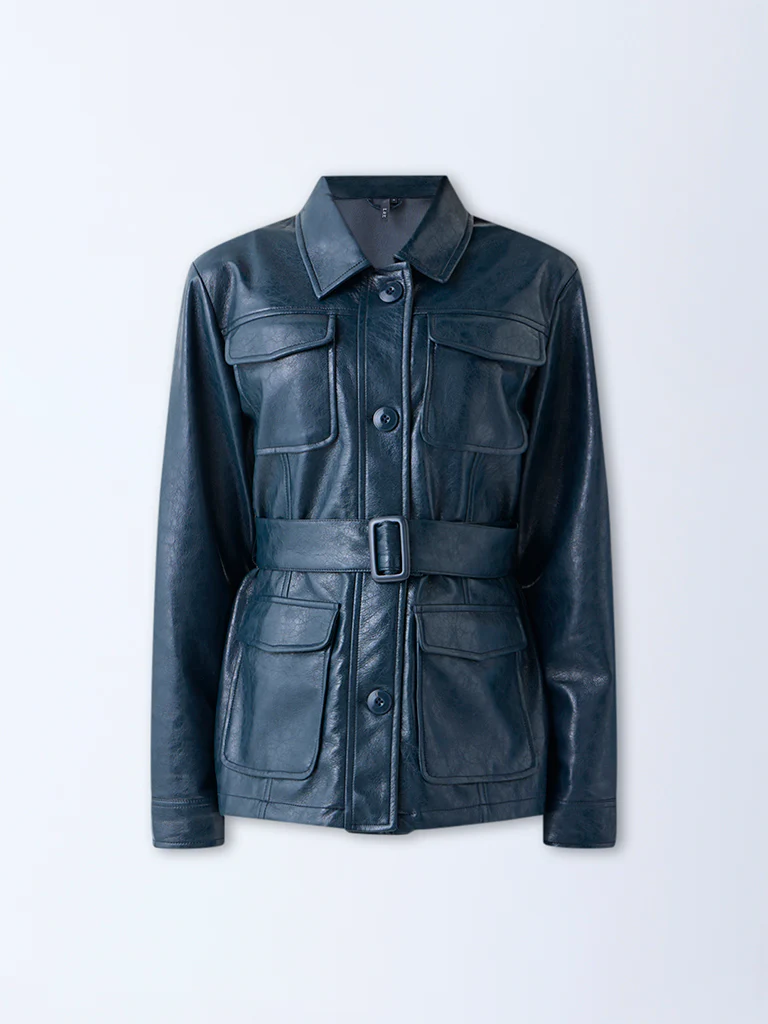 LOV Teal Faux Leather Jacket with Belt - Image 5